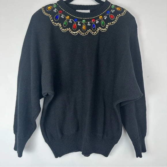 Bobbie Evans Women’s Vintage Sweater Size Medium Black Sequin Beaded Holiday - Picture 1 of 8